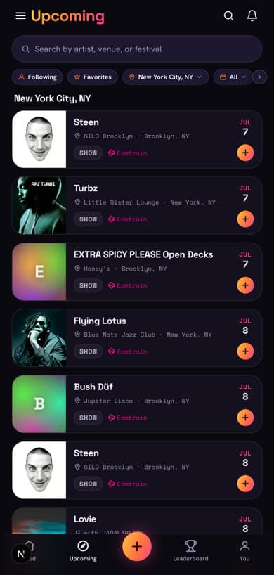 The DropLog Upcoming screen showing local shows and Going buttons