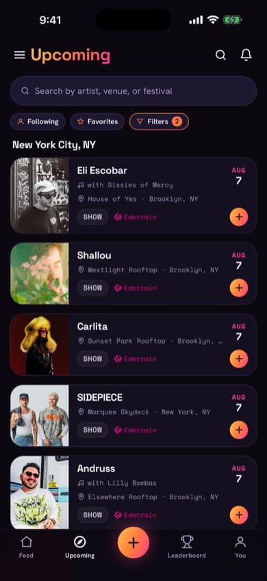 The DropLog Upcoming screen showing local shows and Going buttons